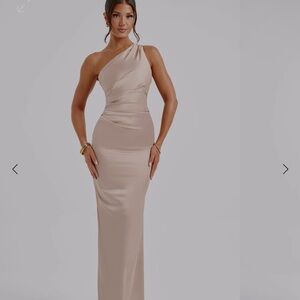 Baby boo Arizona Nude Asymmetrical Ruched Gown for Wedding Guest